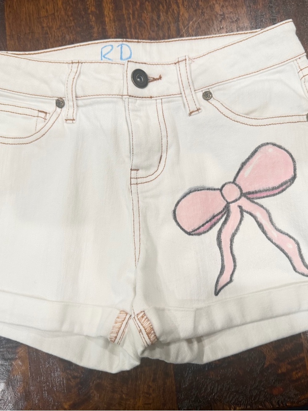 Matilda Jane Cream Shorts with hand painted (my daughter’s art) Pink Bow Graphic